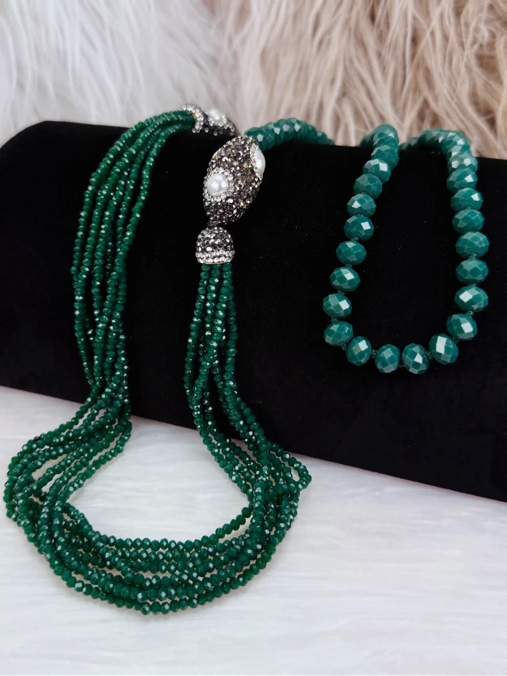 Emerald Green Multi Strand Faceted Bead Ornate Slip On Statement Necklace